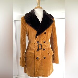 VINTAGE // 70s Mustard Brown Corduroy Double-Breasted Pea Coat Faux Fur Collar